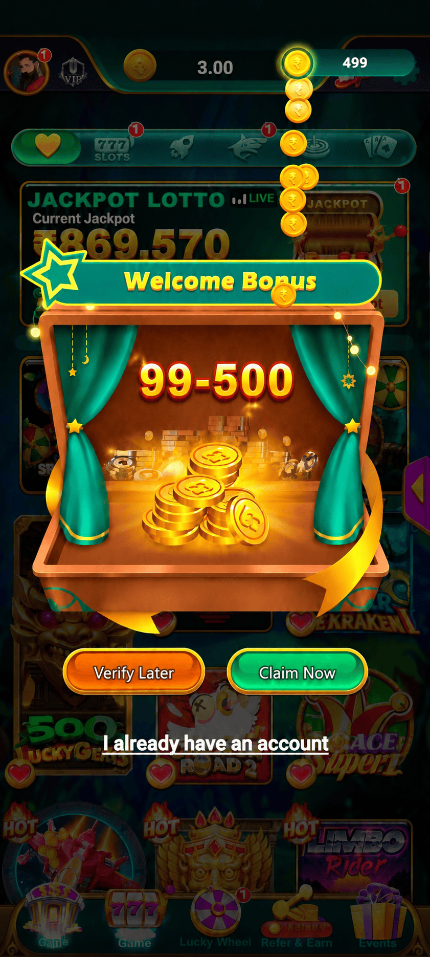 Money Rummy welcome bonus 99-500 screen